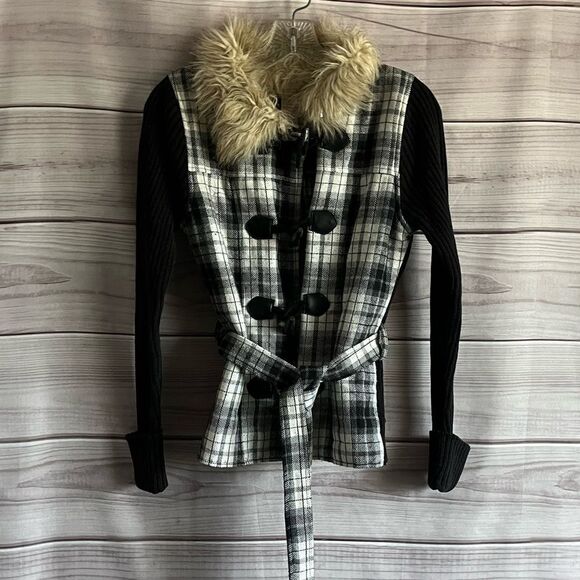 GLIMMER Black Plaid Button Front Hooded Faux Fur Wool Blend Tie Jacket Size M - Picture 2 of 7